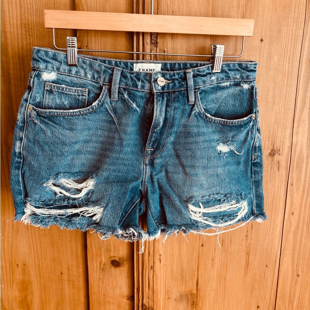 Frame Denim Women's Classic Blue Ripped Jean Shorts